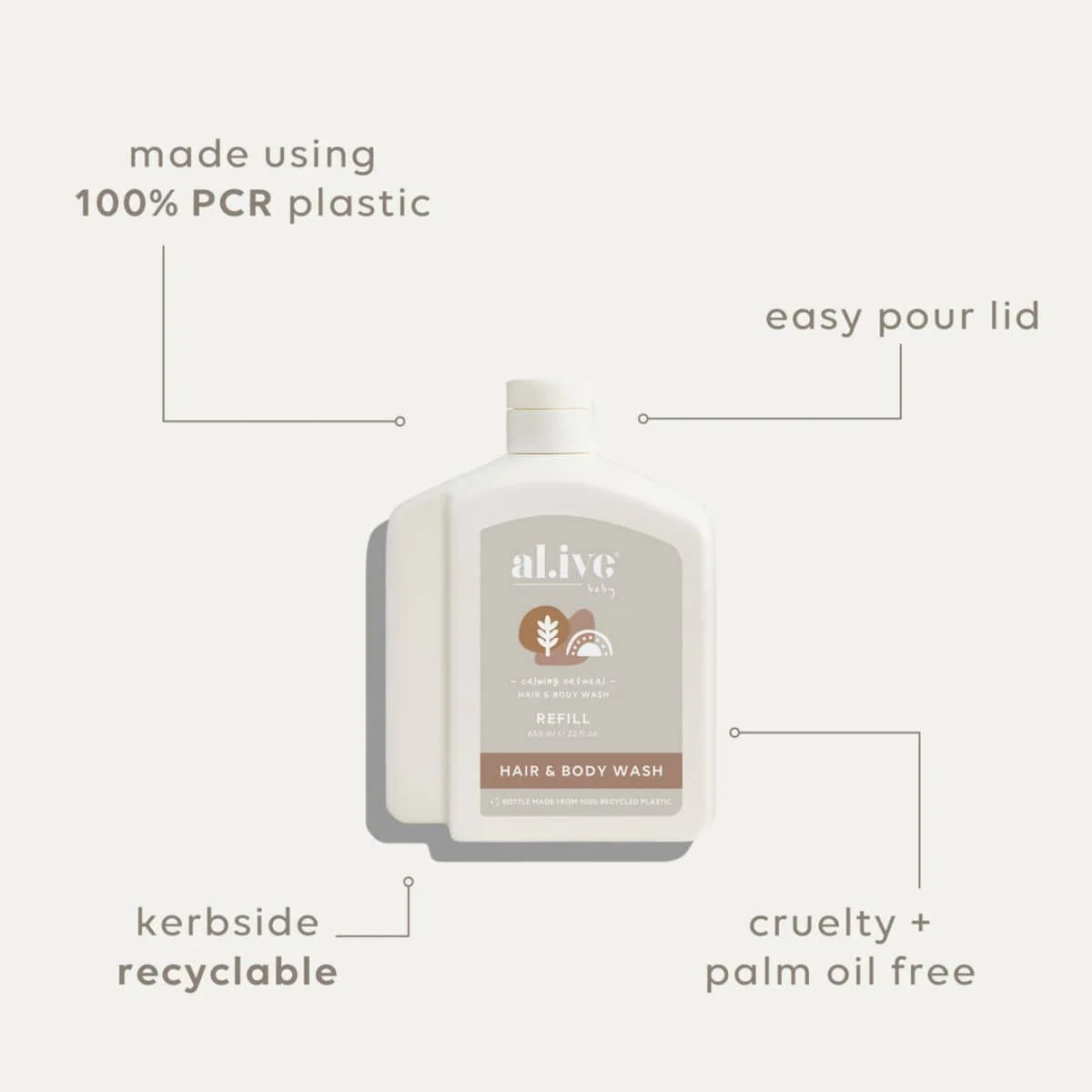al.ive body Baby Hair and Body Wash Refill - Calming Oatmeal - 650ml - Image 3