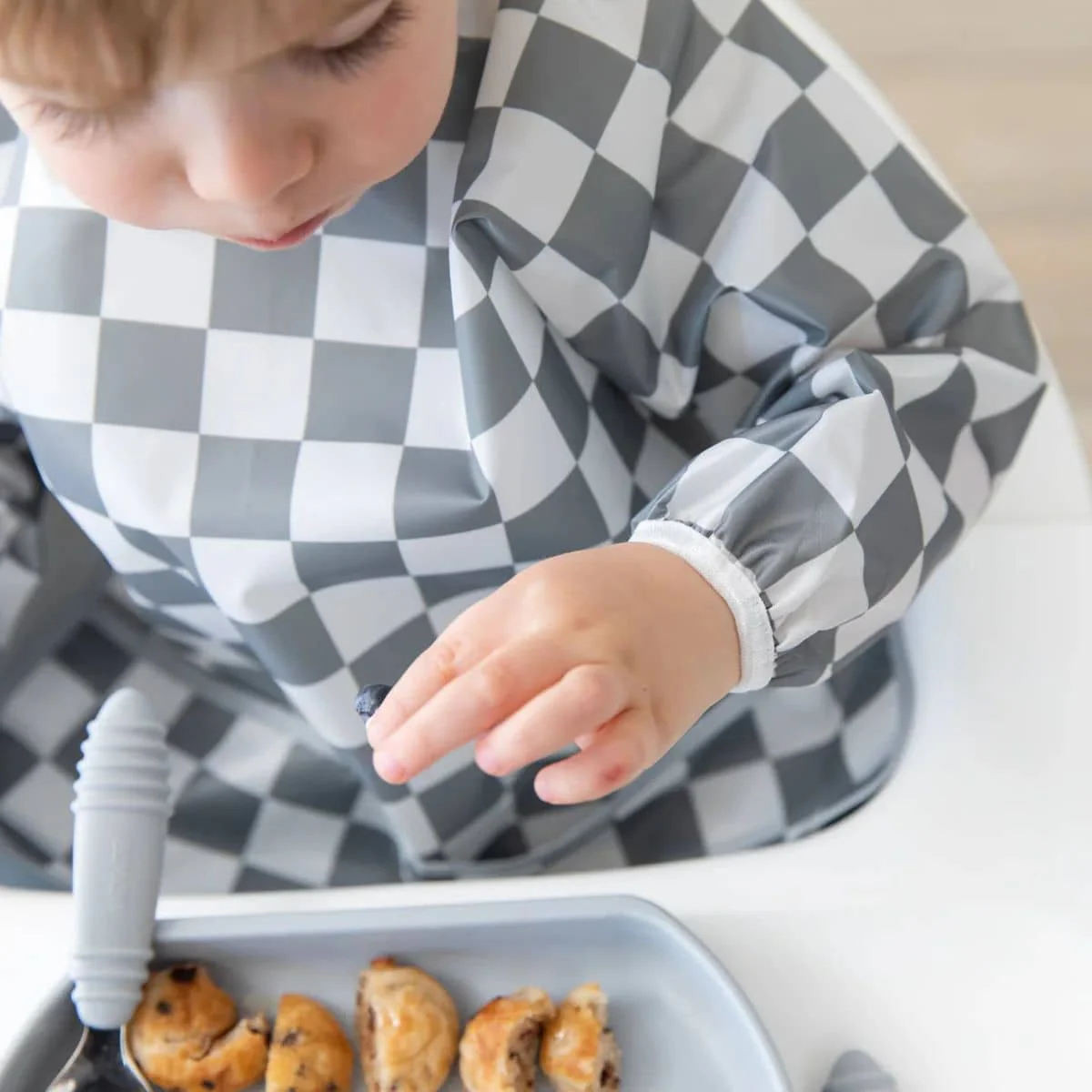 Bumkins Waterproof Sleeved Bib - Charcoal Check - Image 2