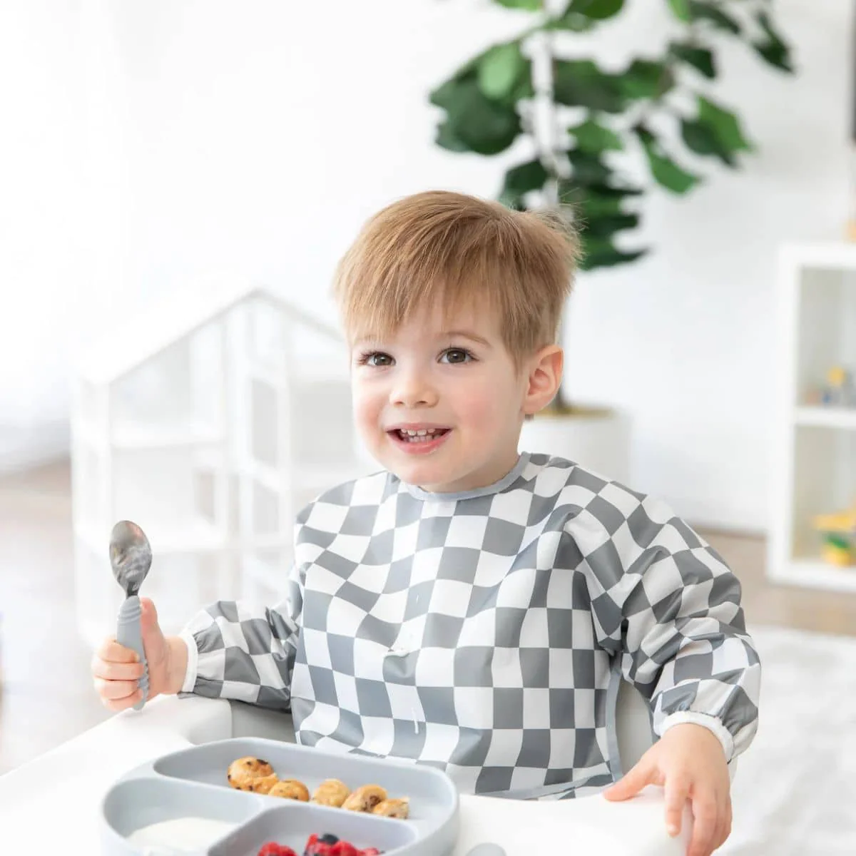 Bumkins Waterproof Sleeved Bib - Charcoal Check - Image 4