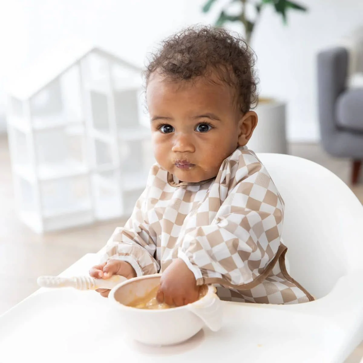 Bumkins Waterproof Sleeved Bib - Sand Check - Image 2