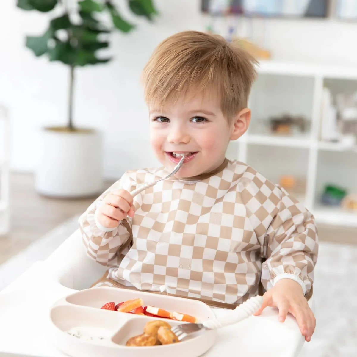 Bumkins Waterproof Sleeved Bib - Sand Check - Image 4