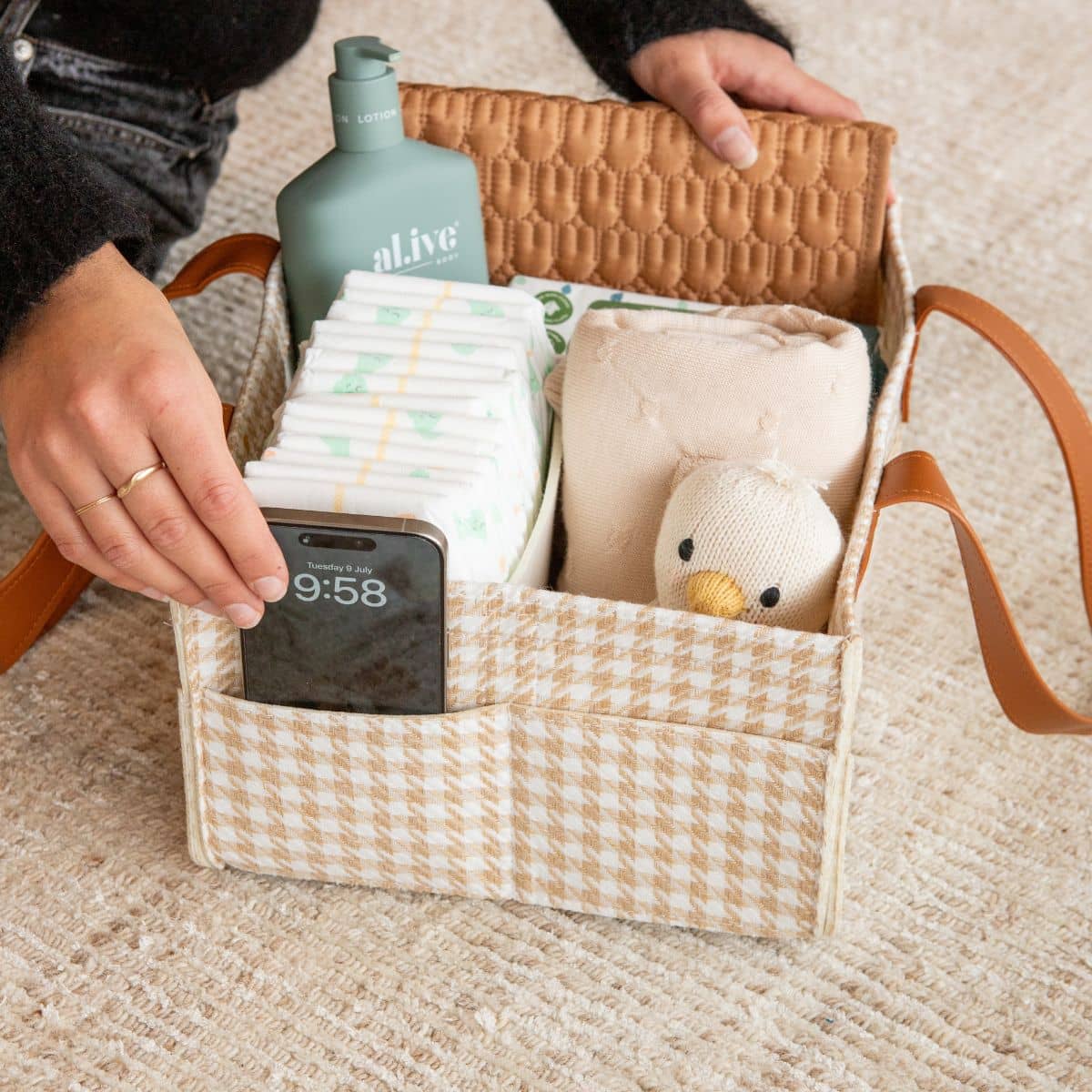 Bunnie Caddie Deluxe Mini Nappy Organiser - Houndstooth Tan - Image 2