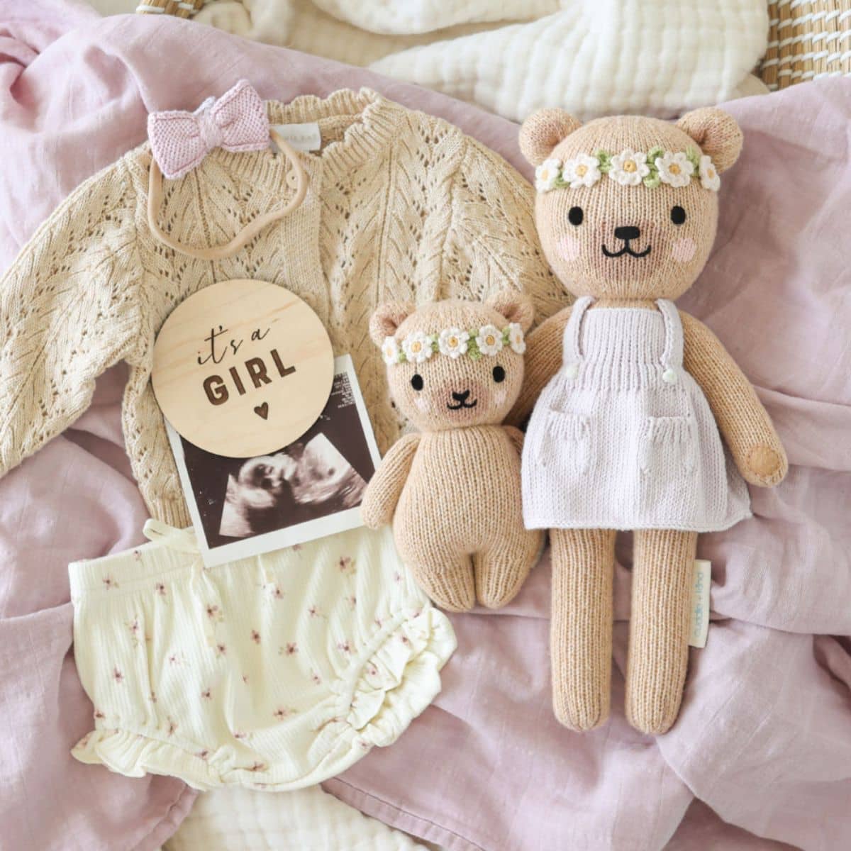 Cuddle + Kind Hand-Knit Doll - Baby Honey Bear (ivory floral) - Image 5