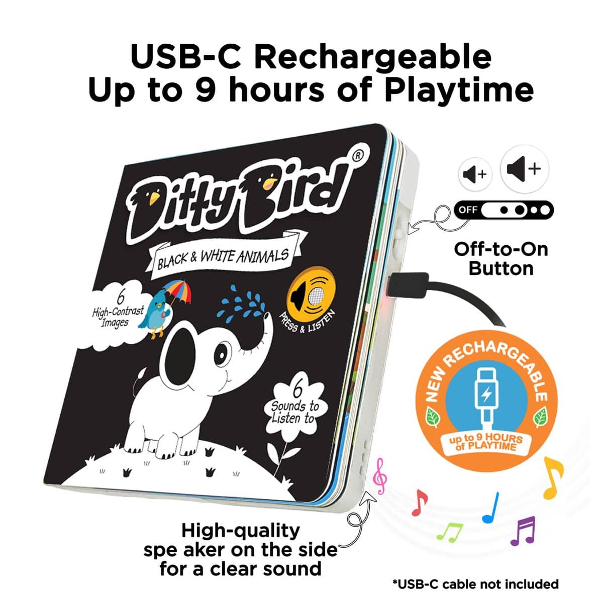 Ditty Bird Interactive Sounds Rechargeable Board Book - Black and White Animals - Image 6