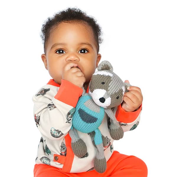 Finn and Emma Organic Hand-Knit Rattle Buddy - Ramsay the Raccoon - Image 2