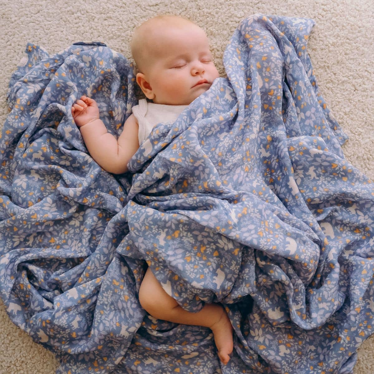 Fox & Fallow Organic Muslin Swaddle Wrap - Forest Friends Cornflower - Image 7