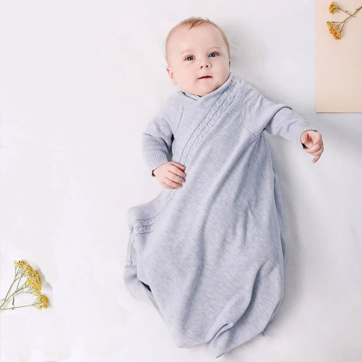 Jujo Baby Shwrap Knitted Blanket With Sleeves - Cable Edge - Blue - Image 3