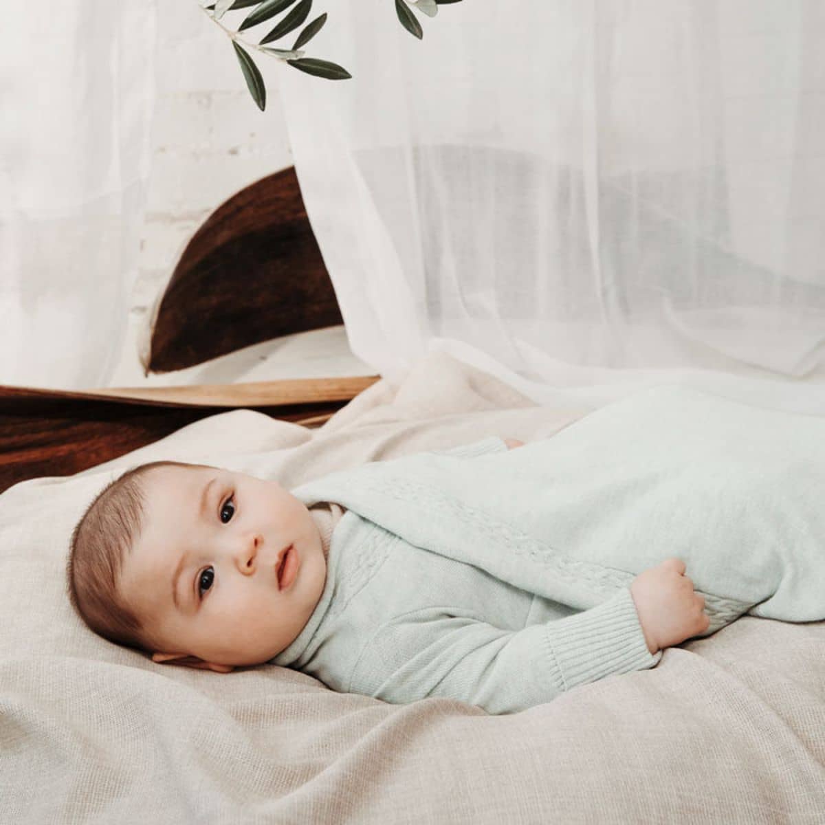 Jujo Baby Shwrap Knitted Blanket With Sleeves - Cable Edge - Pale Green - Image 3