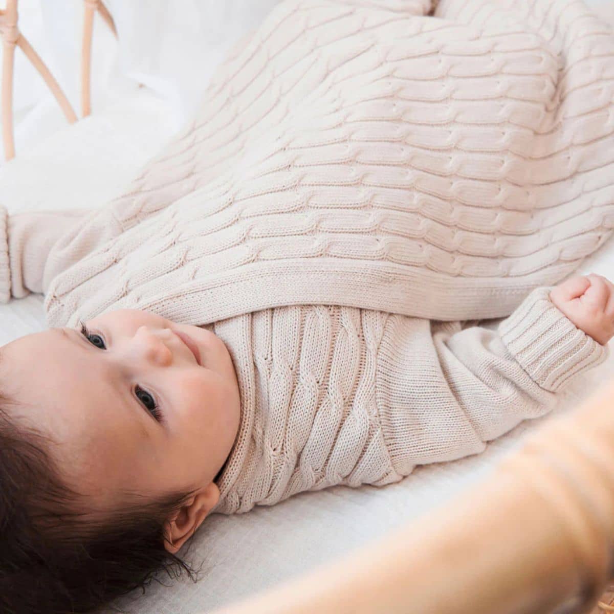 Jujo Baby Shwrap Knitted Blanket With Sleeves - Luxury Cable - Sand - Image 3