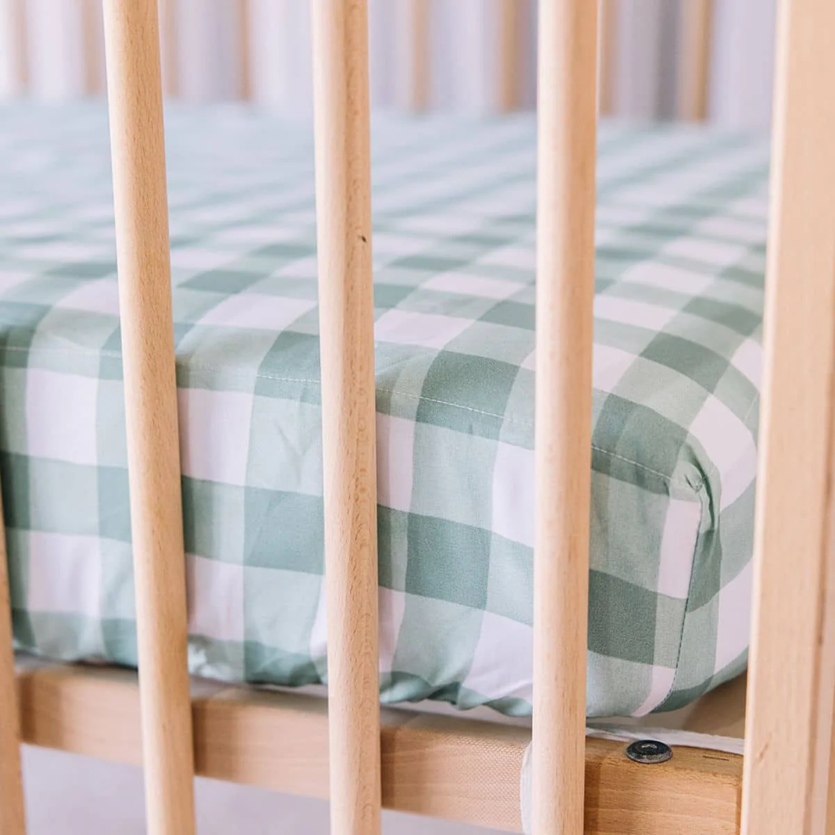 Little Human Linens Waterproof Cot Sheet - Green Gingham - Image 3