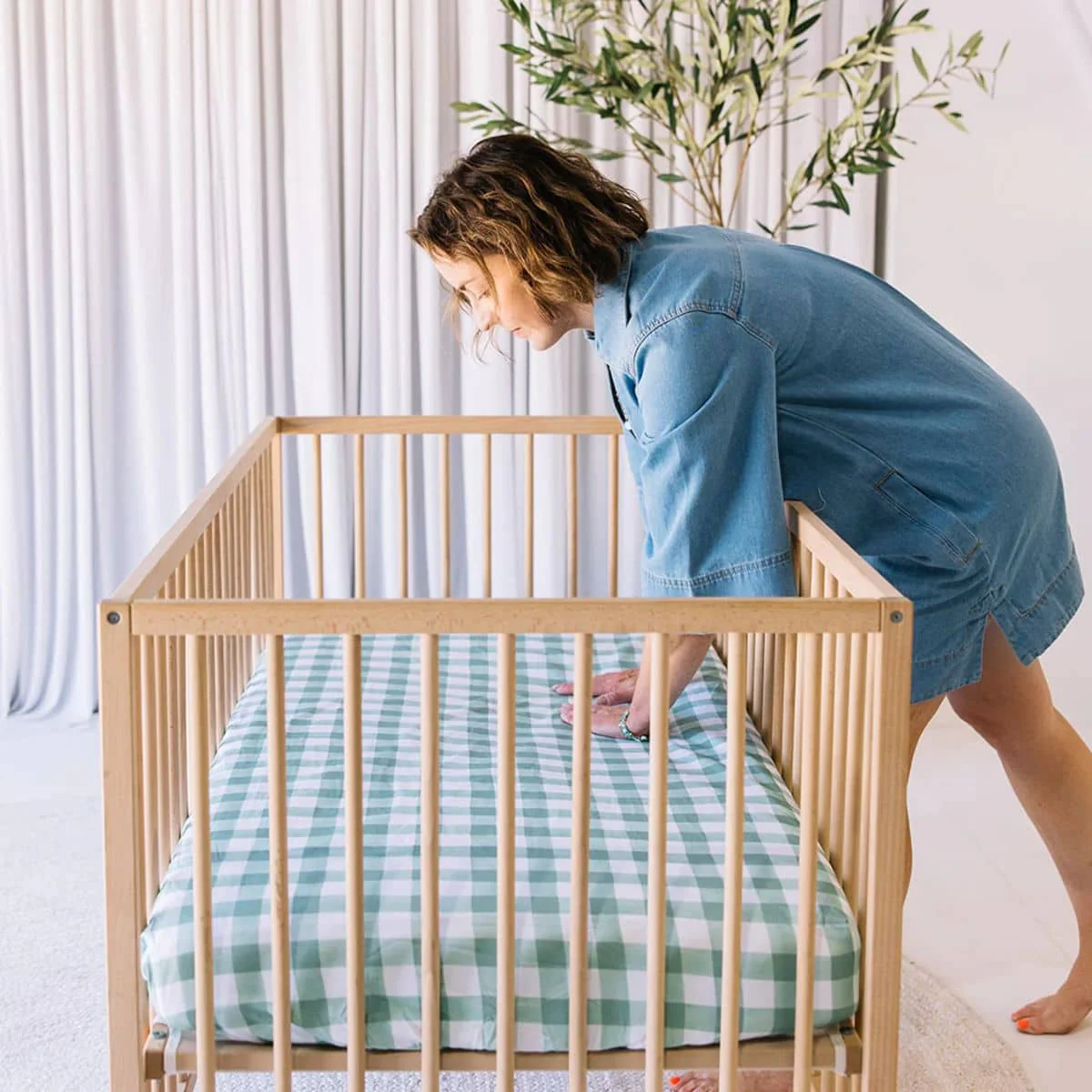 Little Human Linens Waterproof Cot Sheet - Green Gingham - Image 6