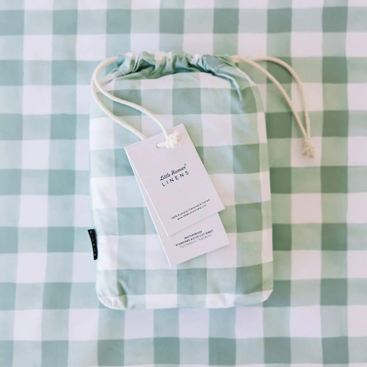 Little Human Linens Waterproof Cot Sheet - Green Gingham - Image 8