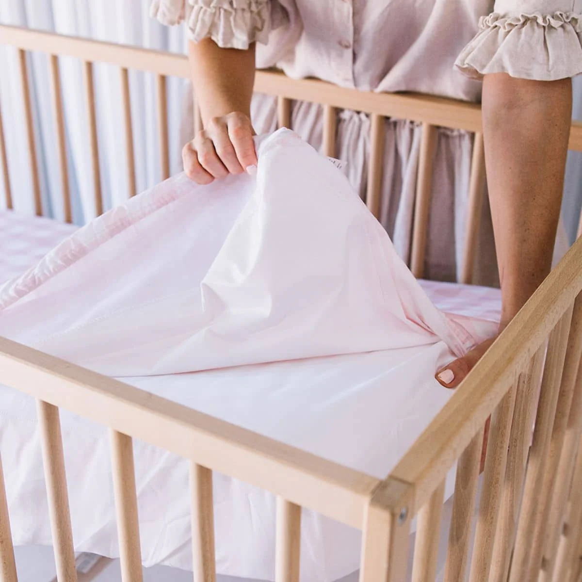 Little Human Linens Waterproof Cot Sheet - Pink Gingham - Image 3