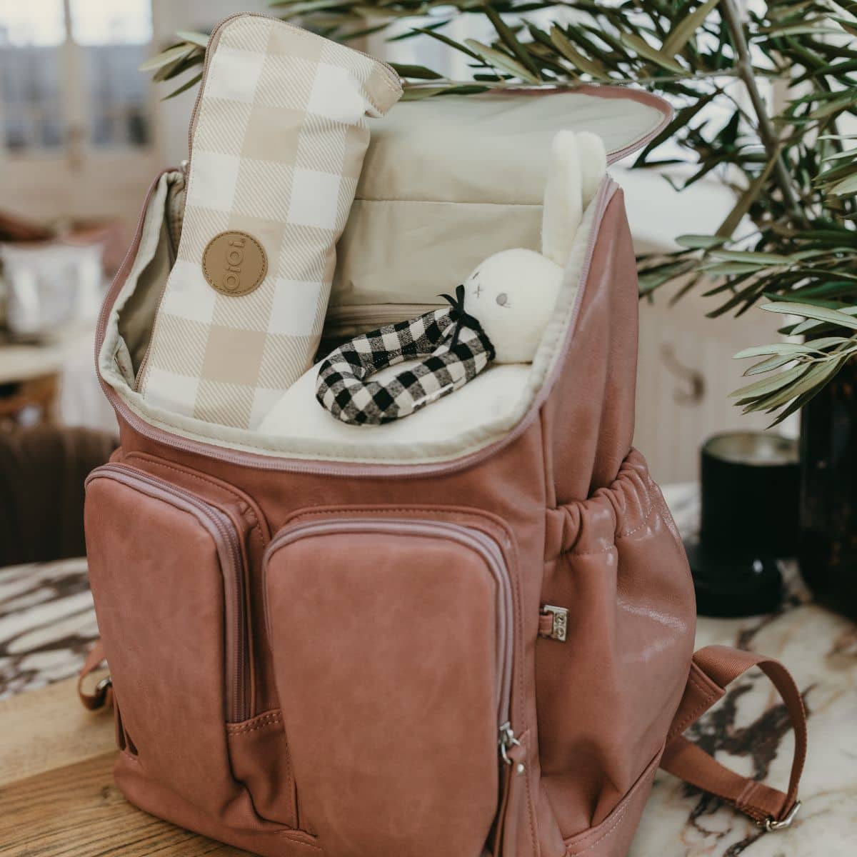 OiOi Fold Up Tote - Gingham Beige - Image 5