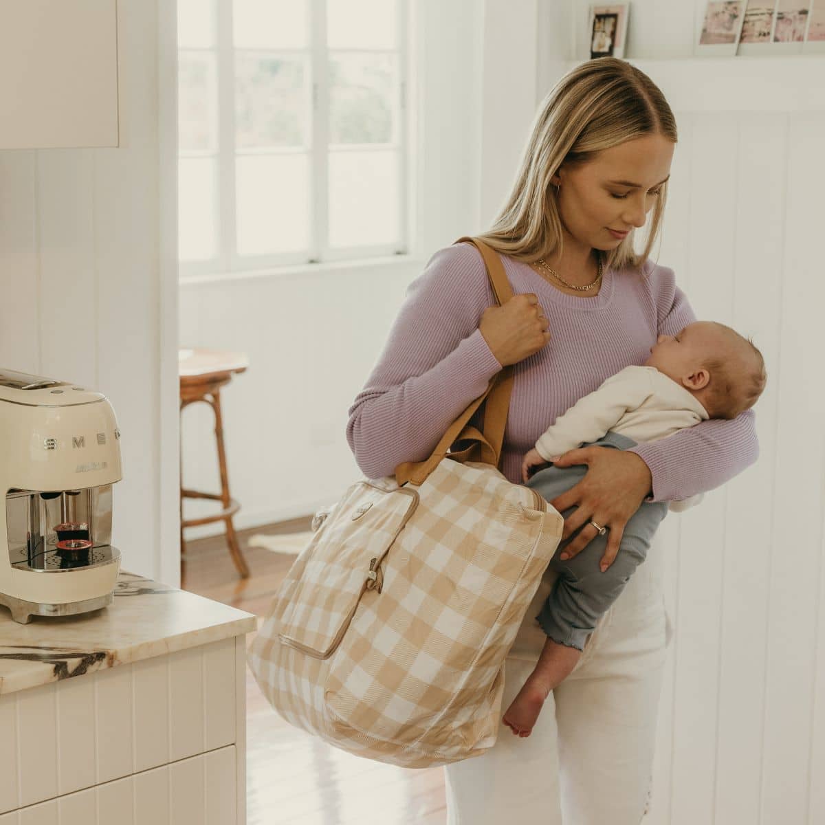OiOi Fold Up Tote - Gingham Beige - Image 6