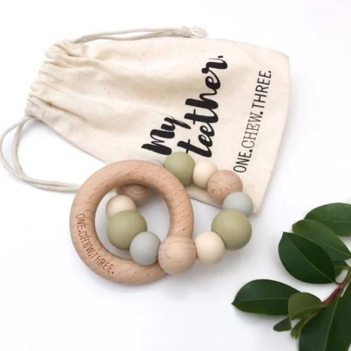 One.Chew.Three Naturals Silicone and Beech Wood Teether - Image 3