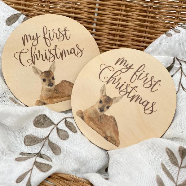 One.Chew.Three Wooden Colour Print Milestone Plaque -  My First Christmas - Baby Deer - Image 2