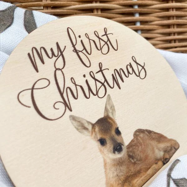 One.Chew.Three Wooden Colour Print Milestone Plaque -  My First Christmas - Baby Deer - Image 3