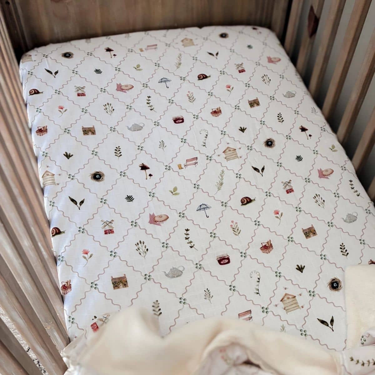 Pop Ya Tot Fitted Cotton Muslin Cot Sheet - Cottage Picnic - Image 3