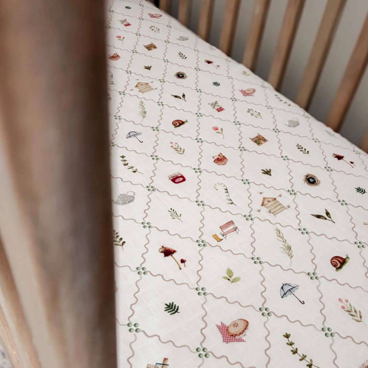 Pop Ya Tot Fitted Cotton Muslin Cot Sheet - Cottage Picnic - Image 4