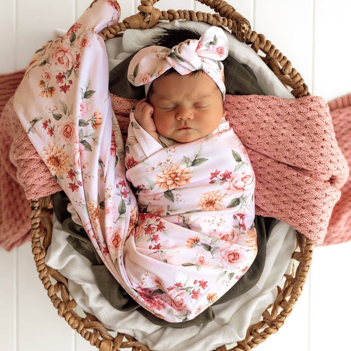 Snuggle Hunny Jersey Wrap with Matching Headwear - Birds & Blooms - Image 2