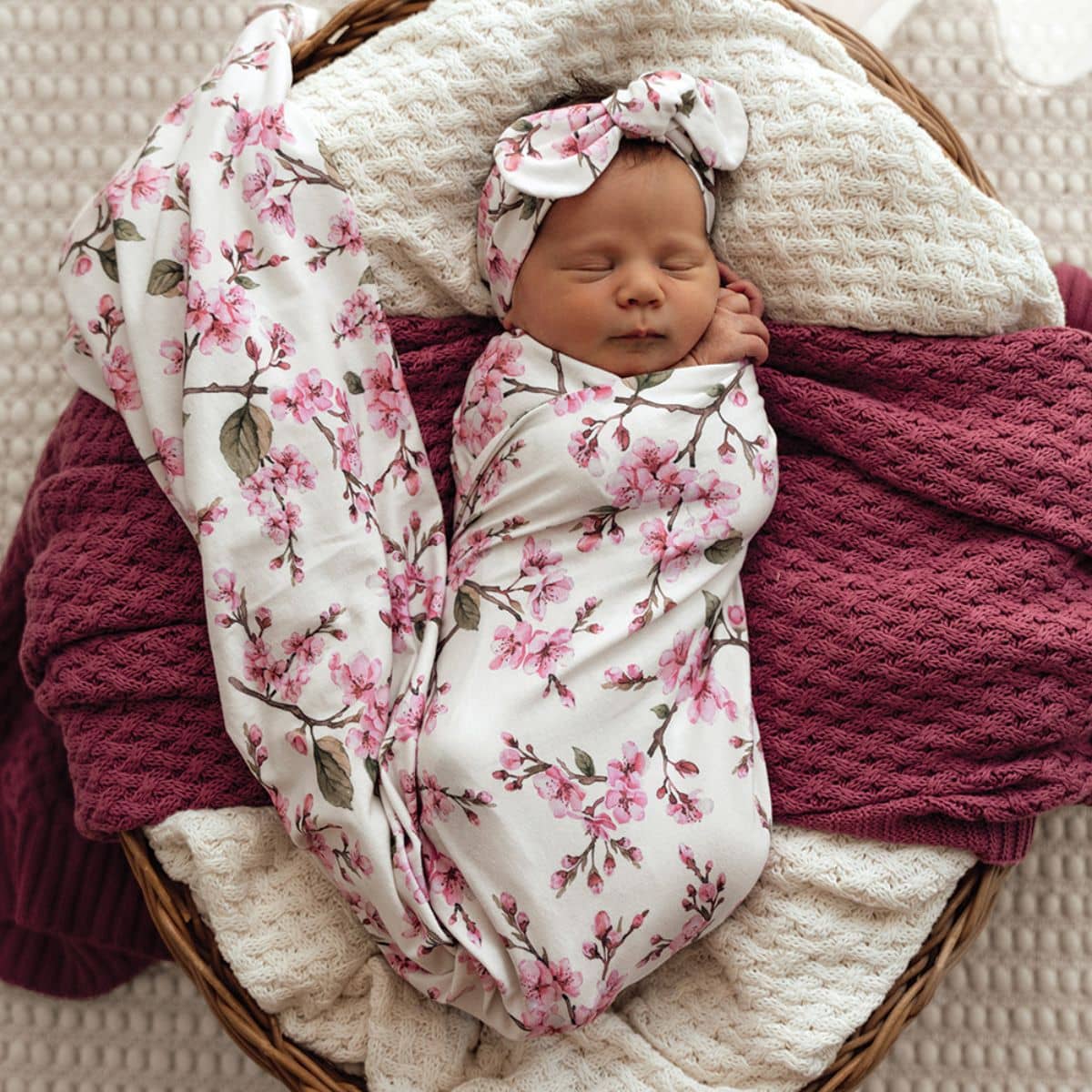 Snuggle Hunny Jersey Wrap with Matching Headwear - Cherry Blossom - Image 5