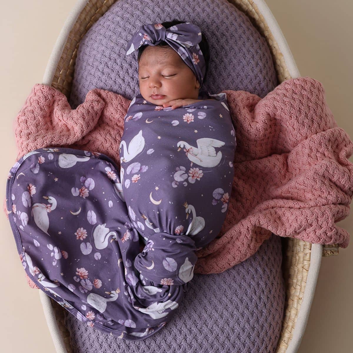 Snuggle Hunny Jersey Wrap with Matching Headwear - Midnight Swan - Image 6