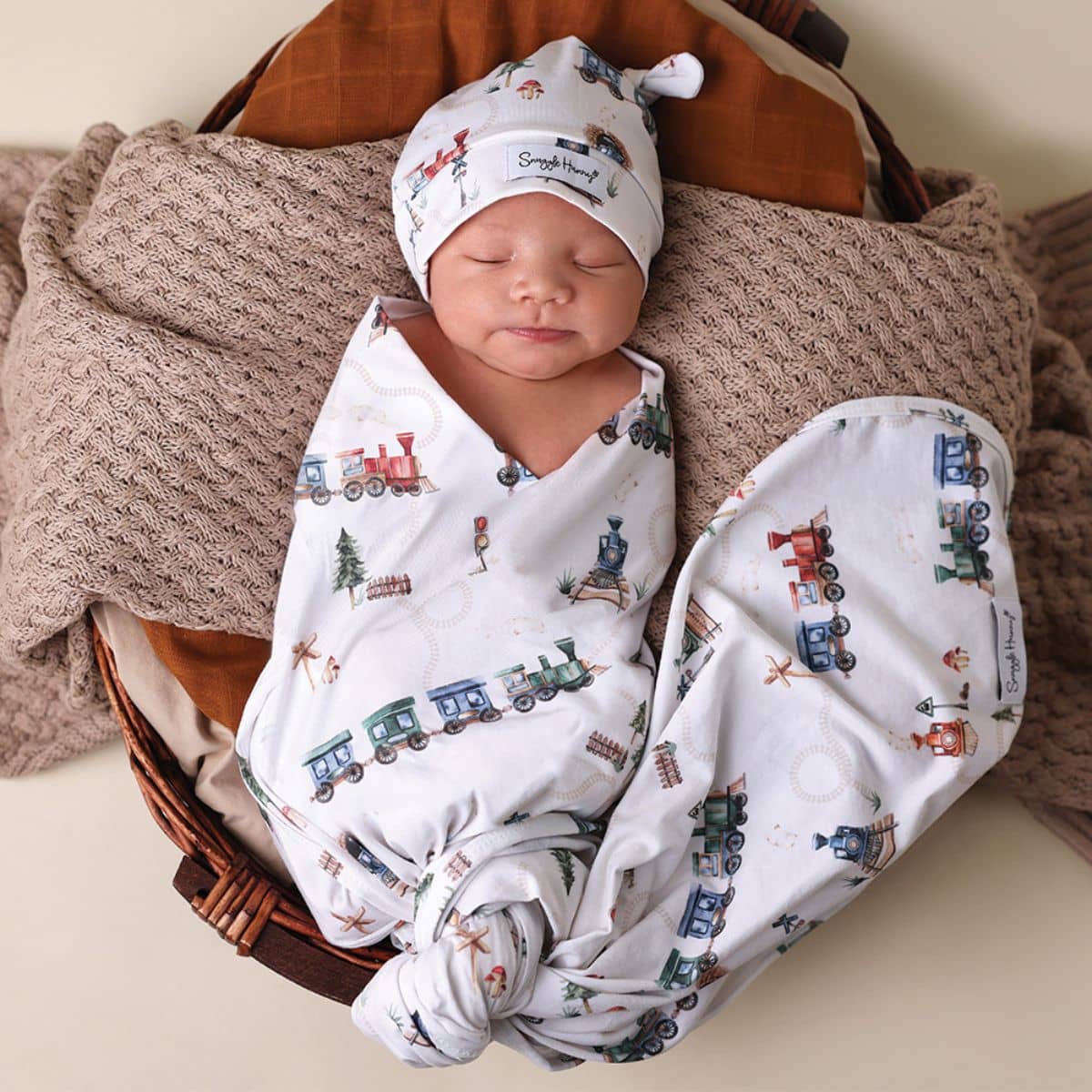 Snuggle Hunny Jersey Wrap with Matching Headwear - Trains - Image 2