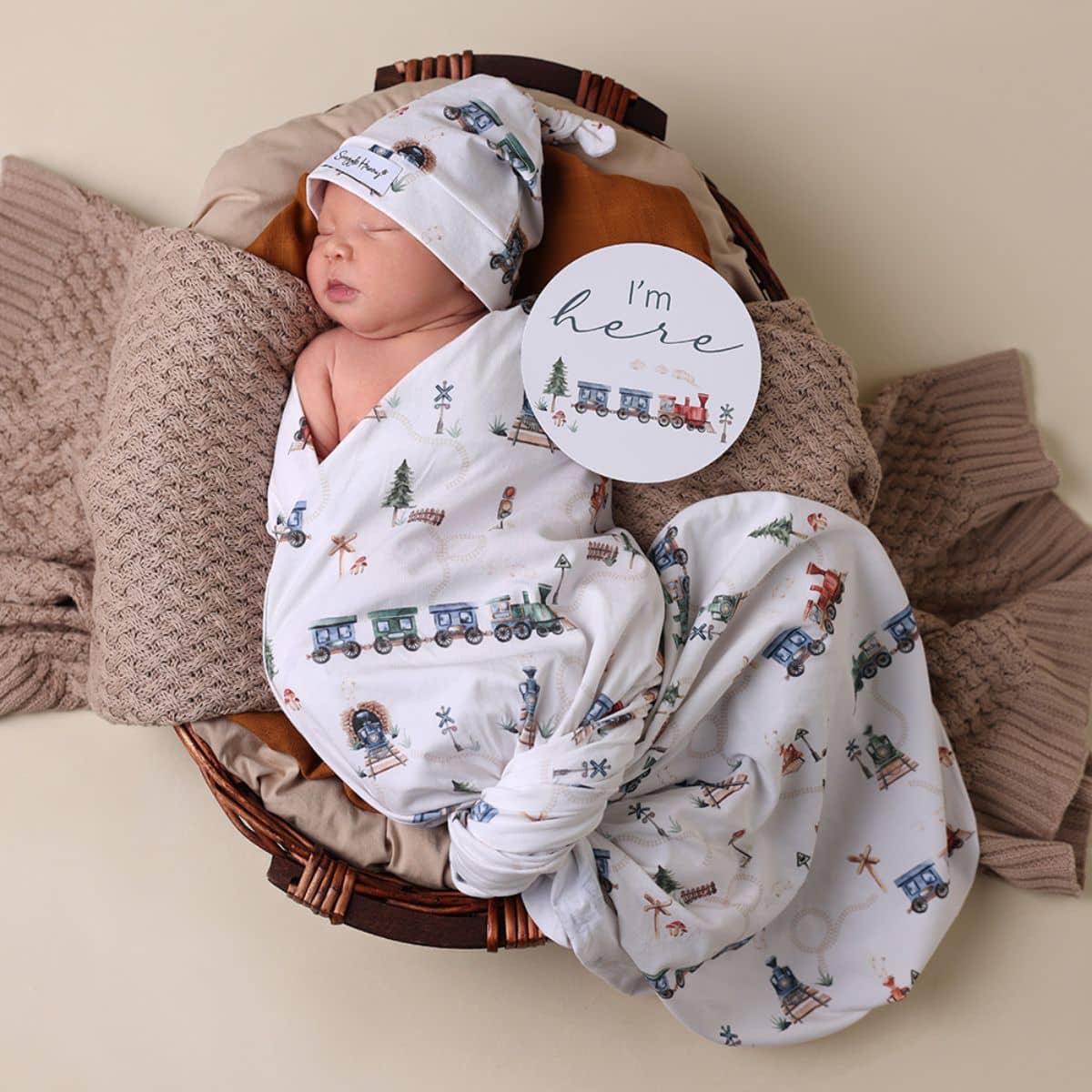 Snuggle Hunny Jersey Wrap with Matching Headwear - Trains - Image 5