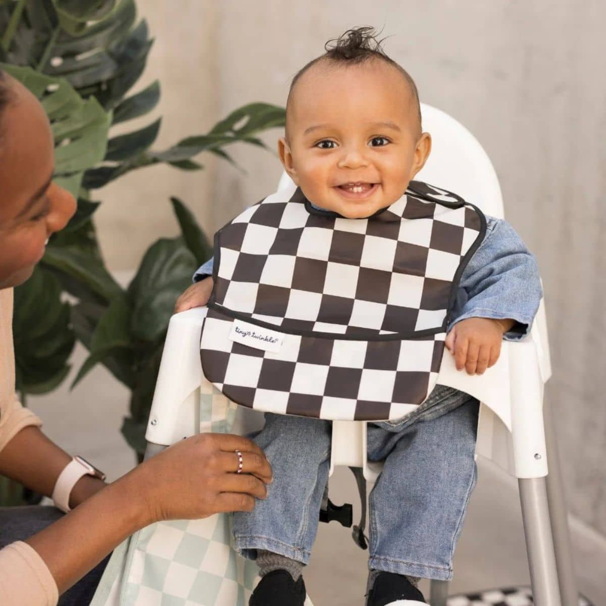 Tiny Twinkle Mess-Proof Easy Bib - Set of 3 - Black + Sage Checkers - Image 2