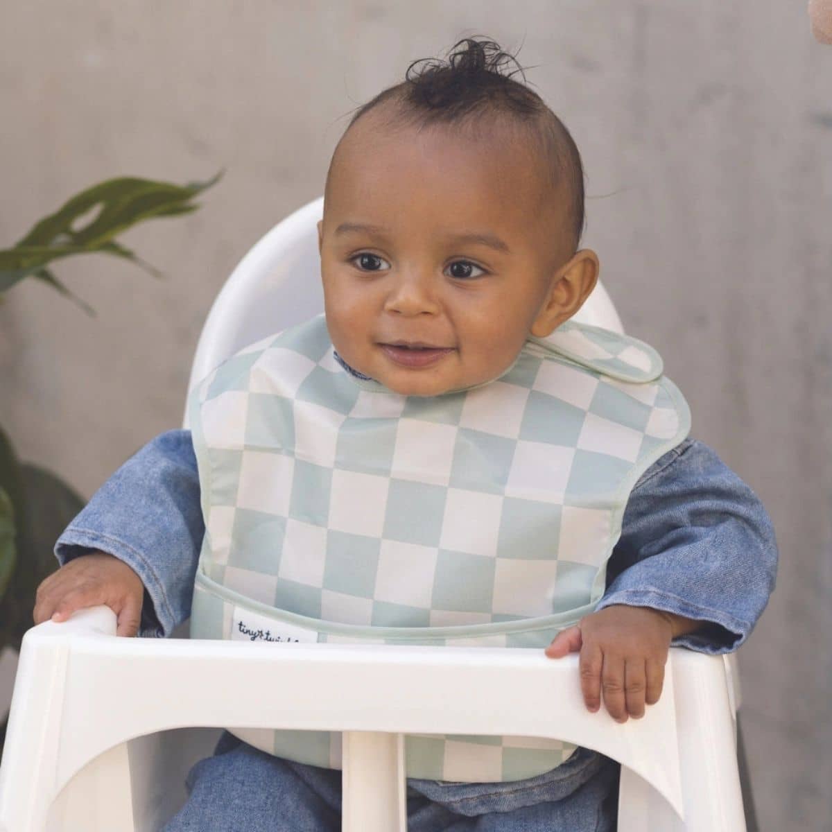 Tiny Twinkle Mess-Proof Easy Bib - Sage Checkers - Image 2