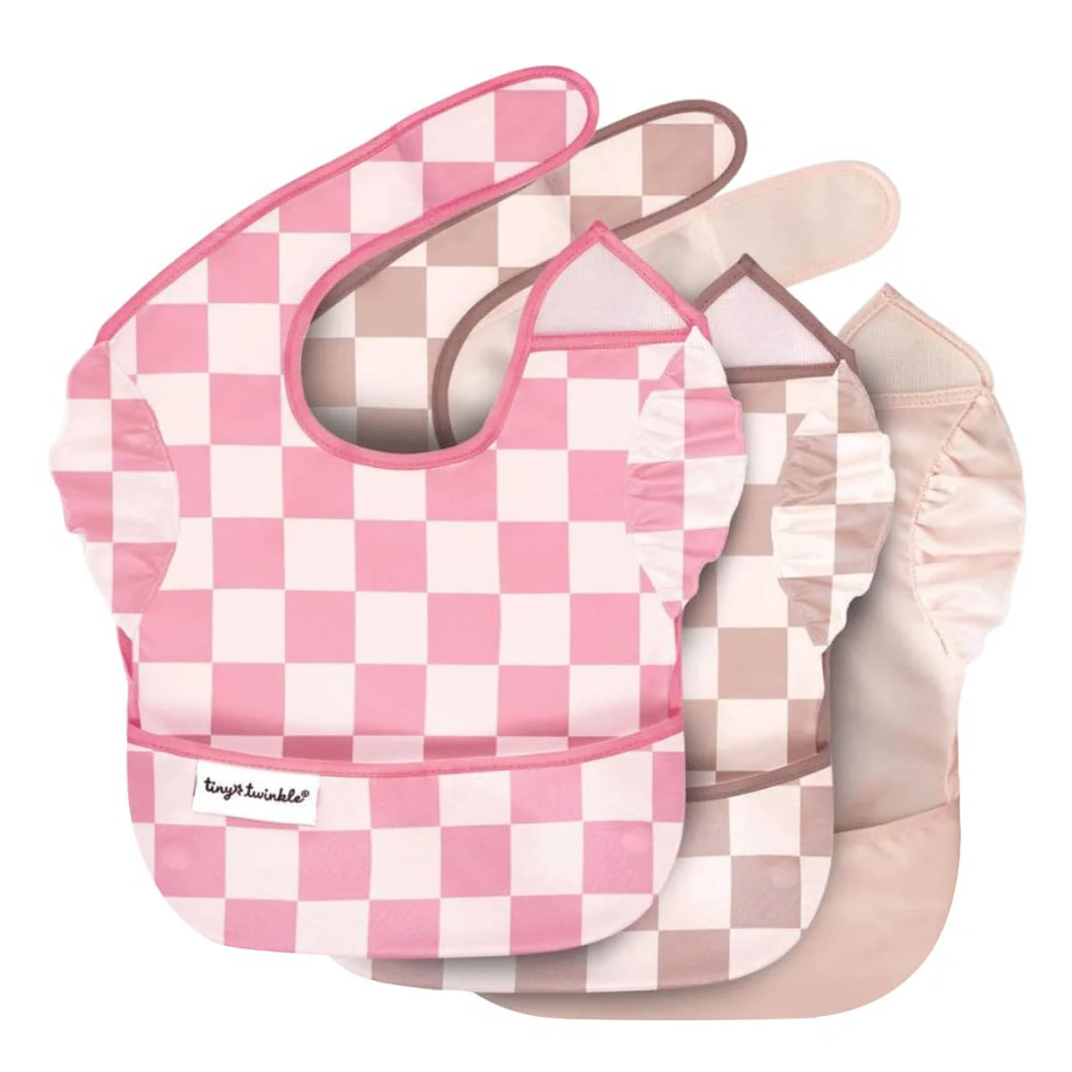 Tiny Twinkle Mess-Proof Easy Bib - Set of 3 - Pink + Beige Checkers