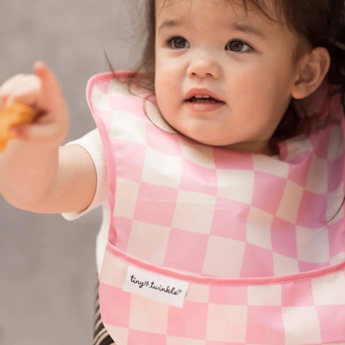 Tiny Twinkle Mess-Proof Easy Bib - Set of 3 - Pink + Beige Checkers - Image 2