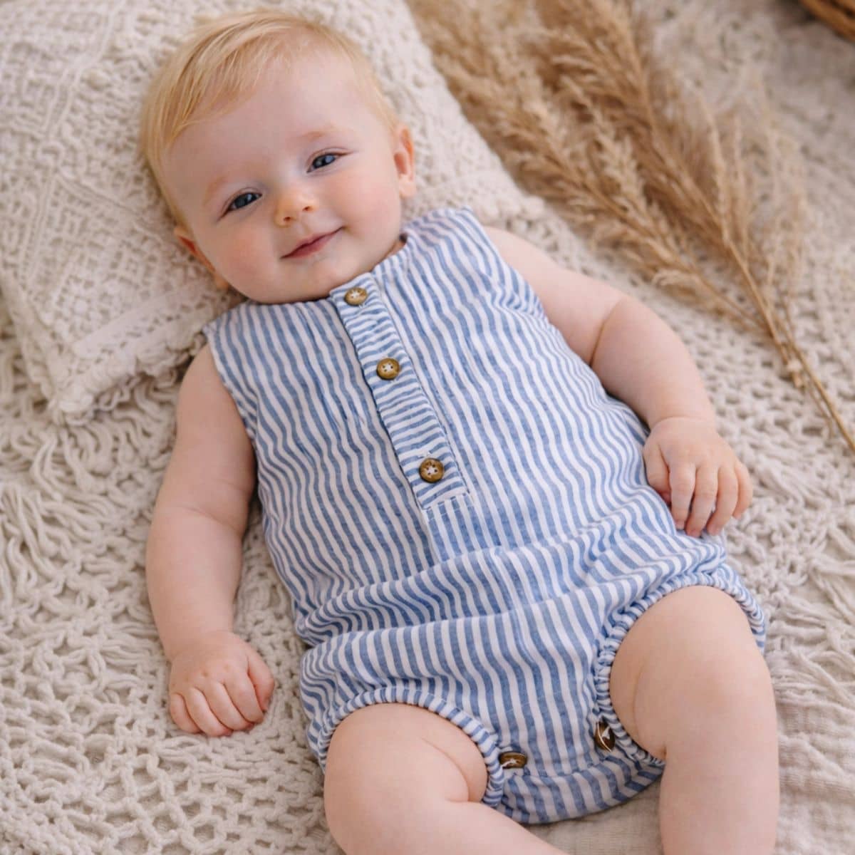 Zao & Co Maïa Linen Baby Romper – Blue Stripe - Image 3