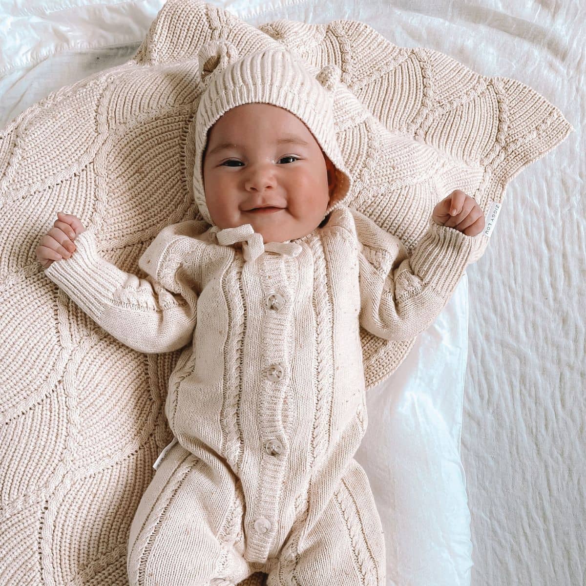 Ziggy Lou Knit Bonnet - Biscotti Fleck Bear - 3 to 6 Months - Image 7